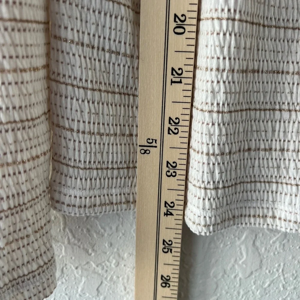LOFT Smocked Metallic Striped Square Neck Puff Sleeve Top White Brown Gold L New